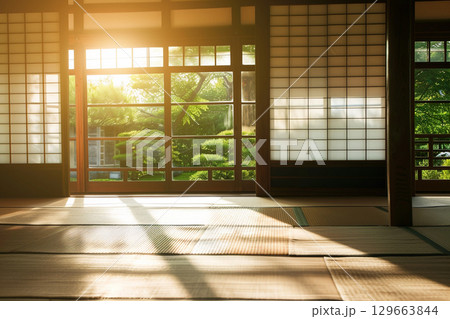 障子越しに広がる伝統的な日本庭園の風景 129663844