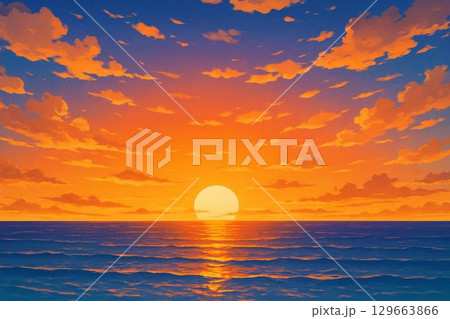 夕景 水平線に沈む太陽 夕景 水平線に沈む太陽 129663866