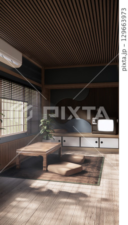 Cool colors give a feeling of coolness and calmness. Japanese traditional room, Mock up empty room and decoration room japan style.3D rendering Cool colors give a feeling of coolness and calmness. Japanese traditional room, Mock up empty room and decoration room japan style.3D rendering 129663973