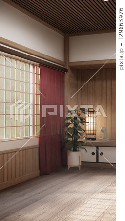 Asia wood room interior cleaning room with decoration Japanese style. 3D rendering 129663976