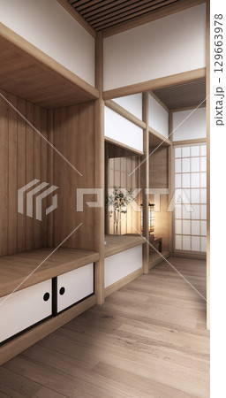 Asia wood room interior cleaning room with decoration Japanese style. 3D rendering Asia wood room interior cleaning room with decoration Japanese style. 3D rendering 129663978