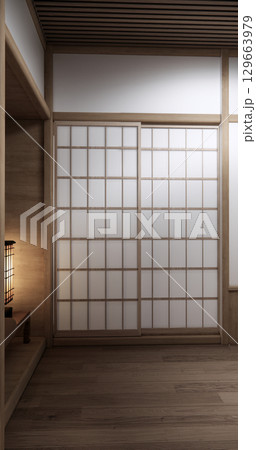 Asia wood room interior cleaning room with decoration Japanese style. 3D rendering Asia wood room interior cleaning room with decoration Japanese style. 3D rendering 129663979