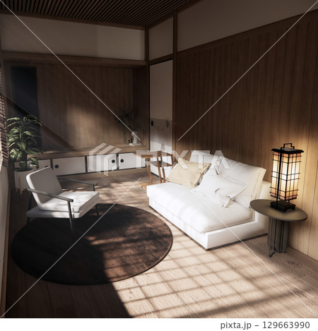 arm chair and decoration japanese on Modern room interior wabisabi style.3D rendering arm chair and decoration japanese on Modern room interior wabisabi style.3D rendering 129663990