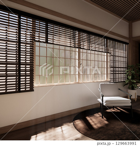 Asia wood room interior cleaning room with decoration Japanese style. 3D rendering Asia wood room interior cleaning room with decoration Japanese style. 3D rendering 129663991