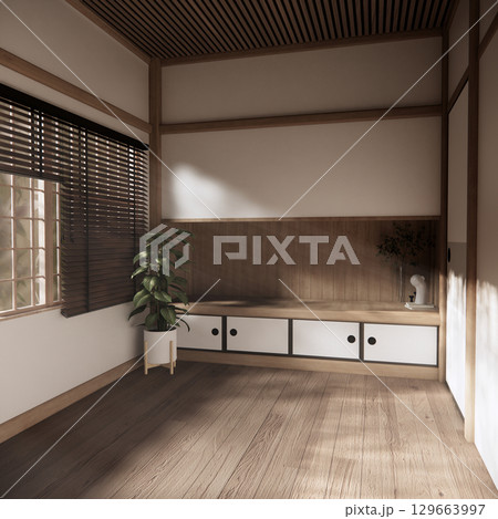 Asia wood room interior cleaning room with decoration Japanese style. 3D rendering 129663997