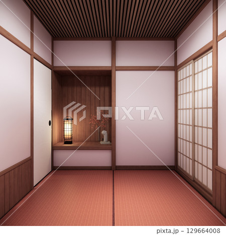 Pink sakura room interior cleaning room with decoration Japanese style. 3D rendering 129664008