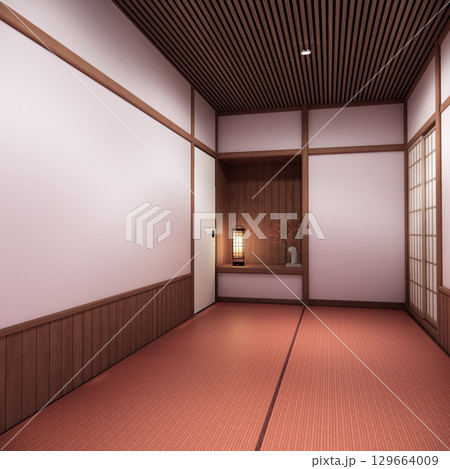 Pink sakura room interior cleaning room with decoration Japanese style. 3D rendering 129664009