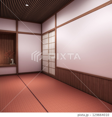 Pink sakura room interior cleaning room with decoration Japanese style. 3D rendering 129664010