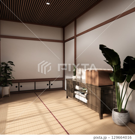 Japan tatami mat floor Living room interior cleaning room with decoration Japanese style. 3D rendering 129664016