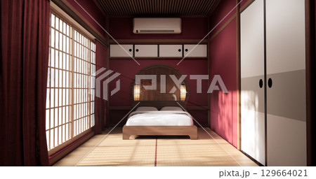 Viva magenta color bedroom japandi design on minimal muji room interior. 3D rendering 129664021