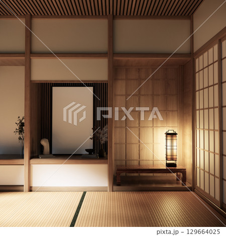 Japan tatami mat floor Living room interior cleaning room with decoration Japanese style. 3D rendering Japan tatami mat floor Living room interior cleaning room with decoration Japanese style. 3D rendering 129664025
