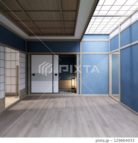 Cool colors give a feeling of coolness and calmness. Japanese traditional room, Mock up empty room and decoration room japan style.3D rendering 129664033