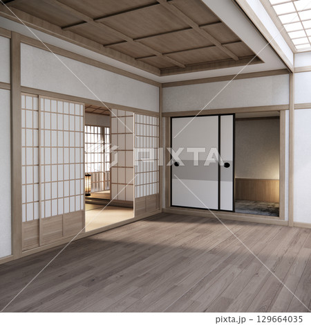 Mock up Cabinet design on earth tone wood room interior modern style .3D rendering 129664035