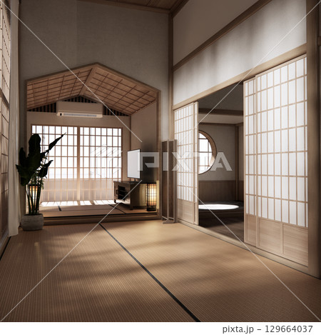 Tatami mat floor, room japanese traditional style. 3D rendering 129664037