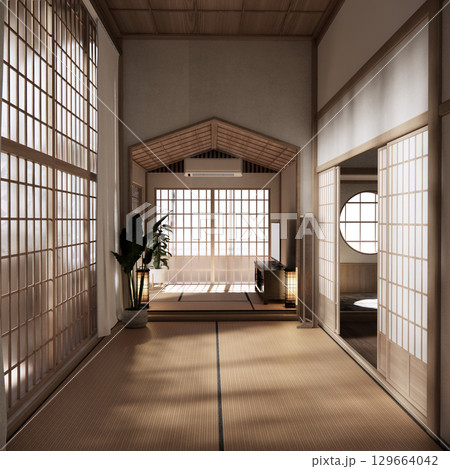 Tatami mat floor, room japanese traditional style. 3D rendering 129664042