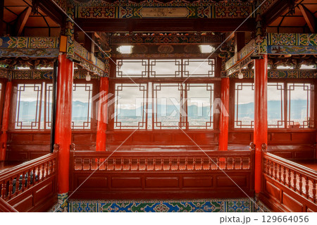 Cityscape Framed by Window in Wangu Pavilion, Lijiang 129664056
