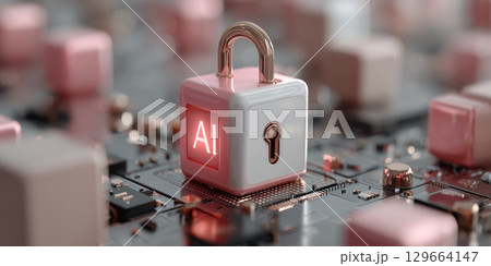 Padlock with AI symbol on circuit board represents digital security and cybersecurity technology Padlock with AI symbol on circuit board represents digital security and cybersecurity technology 129664147