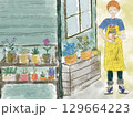 優しい色合いで描かれた、植物と男の子のイラストです。窓から差し込む光を浴びながら、たくさんの植物たち 129664223