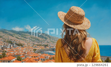 旅先の美しい景色と女性 129664261