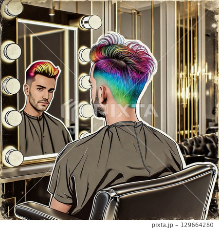 Appearance is the key to success. A young man sits in a barber's chair wearing a protective cape and looks at himself in the mirror. 129664280