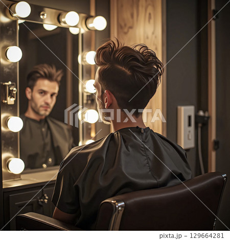 Appearance is the key to success. A young man sits in a barber's chair wearing a protective cape and looks at himself in the mirror. 129664281