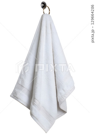 White towel hanging on metal ring holder, clean bathroom accessory isolated on transparent background White towel hanging on metal ring holder, clean bathroom accessory isolated on transparent background 129664286