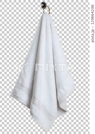White towel hanging on metal ring holder, clean bathroom accessory isolated on transparent background White towel hanging on metal ring holder, clean bathroom accessory isolated on transparent background 129664286