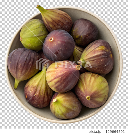 Bowl of ripe purple figs, healthy mediterranean snack isolated on transparent background Bowl of ripe purple figs, healthy mediterranean snack isolated on transparent background 129664291