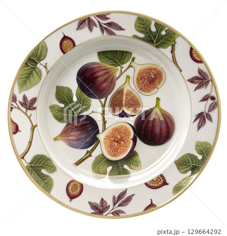 Decorative plate with elegant figs pattern, ceramic dish isolated on transparent background 129664292