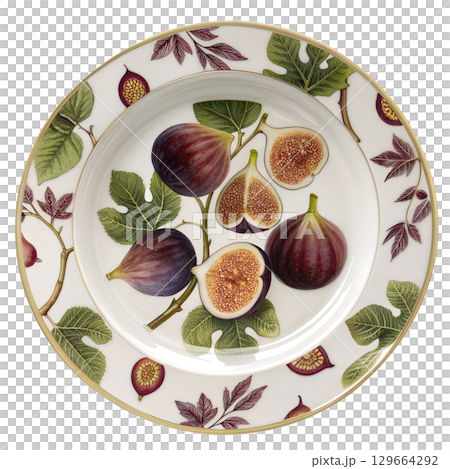 Decorative plate with elegant figs pattern, ceramic dish isolated on transparent background 129664292