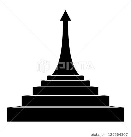Growth Steps with Upward Arrow Silhouette Vector Illustration. Multi-level staircase leading upward to a tall, curved arrow, symbolizing growth, progress, success and achievement. 129664307