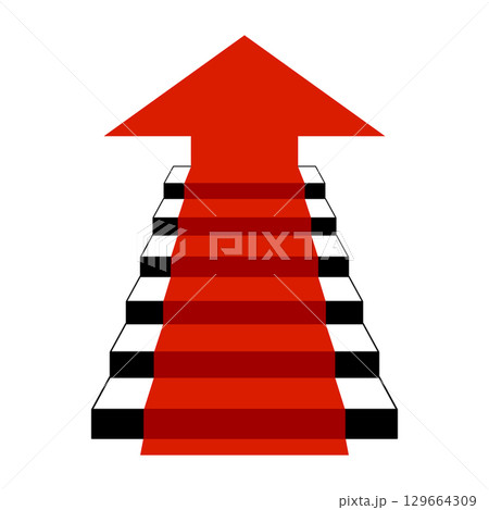 Stairway to Success with Red Arrow Vector Illustration. A red upward arrow combined with a staircase design, symbolizing growth, progress, success and achievement. 129664309