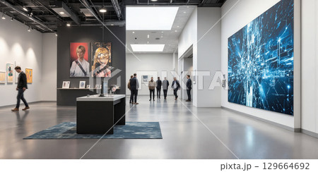 Architectural Industrial Exhibition Space with Smart Augmented Reality Integration - Light gray polished floors, high-performance digital wall mapping, soft natural 129664692