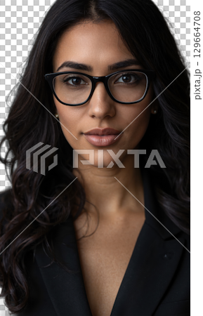 Middle Eastern businesswoman with wavy dark hair, oversized black glasses, and a serene expression, her presence highlighted by an upward-swinging Middle Eastern businesswoman with wavy dark hair, oversized black glasses, and a serene expression, her presence highlighted by an upward-swinging 129664708
