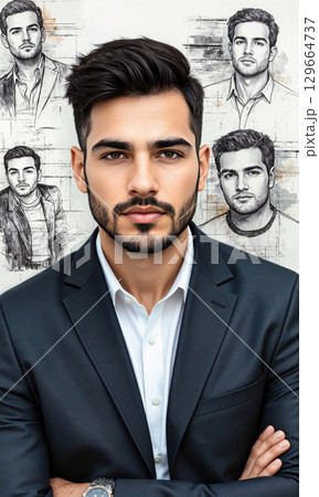 Latinx Designer Tablet Sketch Hispanic male 30s stubble casual blazer sketches on tablet pen, photoreal, daylight tones, shallow 129664737