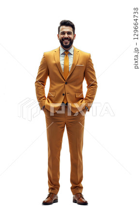 A charismatic male founder in warm gold, standing confidently as symbols of growth and innovation orbit him, reflecting his emotional 129664738