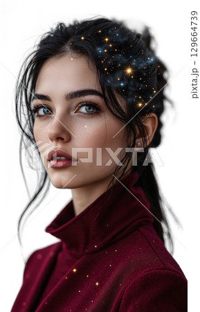 A visionary woman in shadowed burgundy, standing beneath faint stars that form a business constellation above her, symbolizing legacy, cosmic 129664739