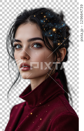 A visionary woman in shadowed burgundy, standing beneath faint stars that form a business constellation above her, symbolizing legacy, cosmic 129664739