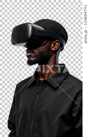 Man VR Blackcap. A Black man wearing a black cap backwards, a dark jacket, and a VR headset, looks 129664741