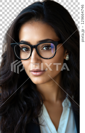 A Middle Eastern businesswoman with wavy dark hair and bold glasses, her focused eyes radiating determination, surrounded by soft glowing 129664746