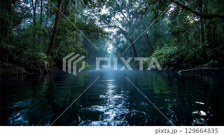 朝靄の森の川 129664835