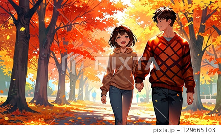 紅葉の並木道を歩く若いカップル 129665103