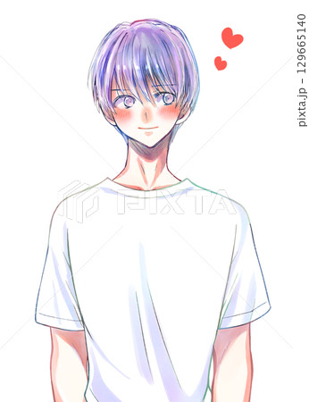 Tシャツの男性 恋 白色 半袖 笑顔 上半身 Tシャツの男性 恋 白色 半袖 笑顔 上半身 129665140