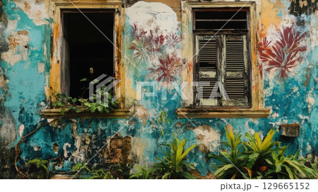 Abandoned building facade with colorful peeling plaster and rustic wooden door 129665152