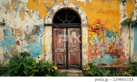 Abandoned building facade with colorful peeling plaster and rustic wooden door 129665153
