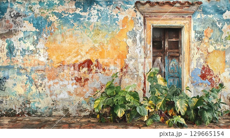 Old weathered wall with peeling paint, graffiti and tropical plants near vintage doorway 129665154
