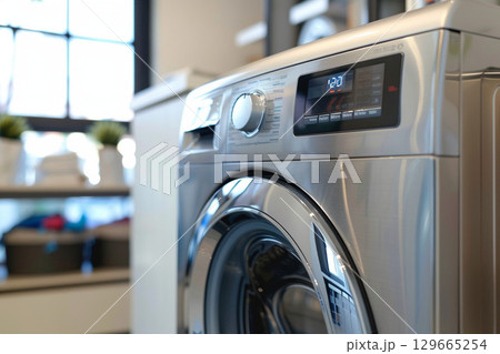 Modern silver washing machine with digital display in a bright laundry room Modern silver washing machine with digital display in a bright laundry room 129665254