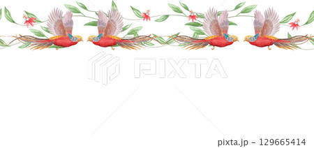 Golden pheasant, leafy vines, flowers. Vibrant watercolor horizontal border isolated on white. Hand-painted clip art ideal for exotic branding, summer invitations, packaging, textile, and travel Golden pheasant, leafy vines, flowers. Vibrant watercolor horizontal border isolated on white. Hand-painted clip art ideal for exotic branding, summer invitations, packaging, textile, and travel 129665414
