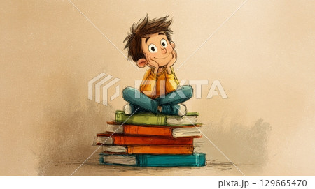 A boy sits on a stack of books, playful and engaged, reflecting joy and imagination 129665470
