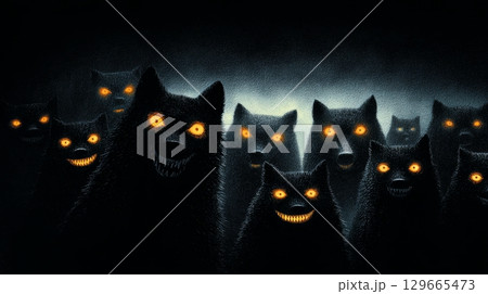 Mysterious and Enigmatic Black Cats with Striking Glowing Eyes in a Dark, Enveloping Setting 129665473